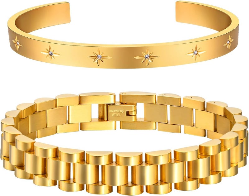 MPRAINBOW 2pcs 18K Gold Plated Chain Link Bracelet, Stainless Steel Crystal Friendship Bracelets Bangle,Watch Band Chains Wristband Jewelry with Adjust Tool - Image 1